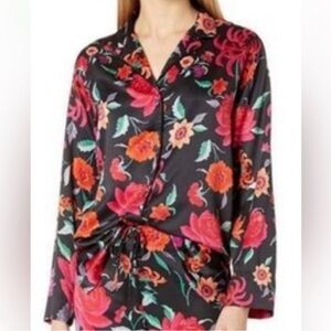 Natori Black Satin Floral Pajama Top with Pink and Orange Blooms Medium